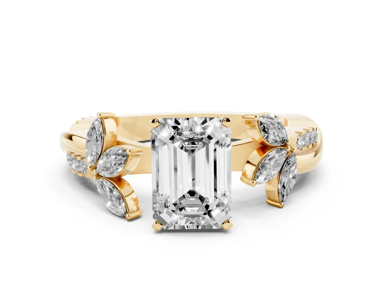 Emerald Cut Diamond Floral Vine Solitaire Engagement Ring Set in Yellow gold with Marquise Leaves