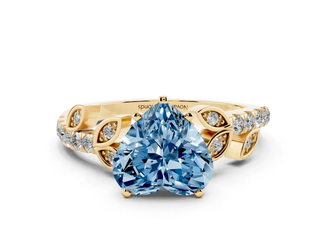 Fancy Blue Heart Cut Diamond Solitaire Leaf-Inspired Ring Set in Yellow gold with Pavé Band and Prong Setting