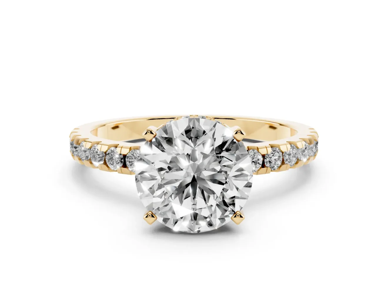 1.5 Carat Round Cut Pavé Solitaire Ring Set in Yellow gold with Round Band Accents and Prong Setting