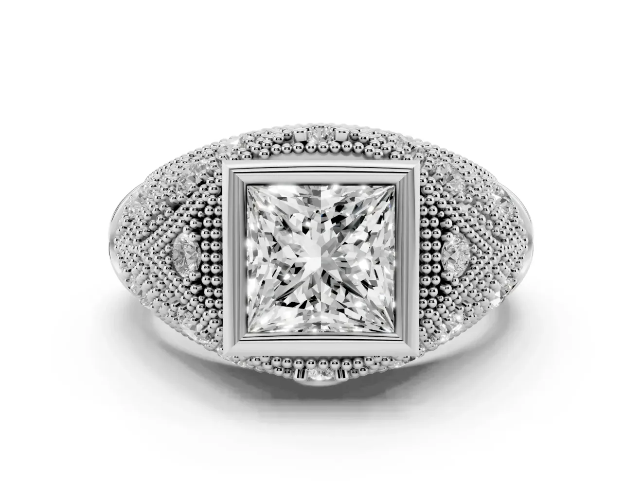 Princess Cut Diamond Bezel Ring Set in Silver with Milgrain Accent Band