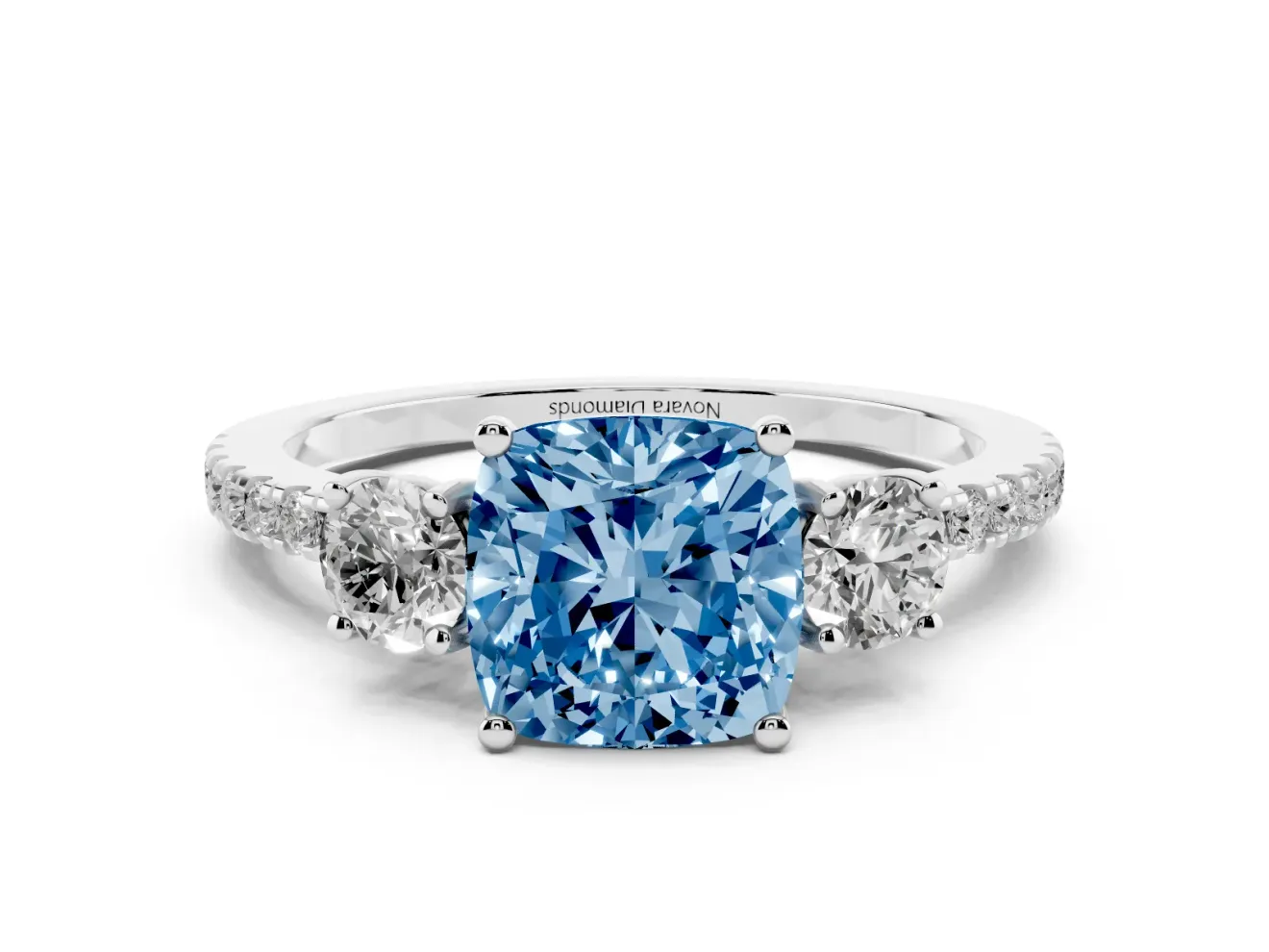 Cushion Cut Three Stone Engagement Ring Setting for a Fancy Blue Lab-Grown Diamond | Pave Shoulders | Platinum