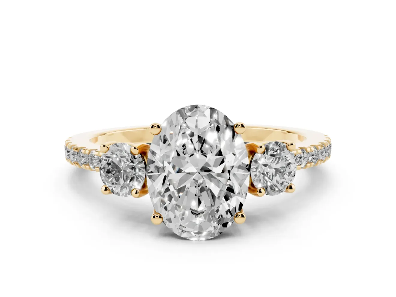 Oval Three Stone Engagement Ring Setting | Pave Shoulders | Yellow Gold