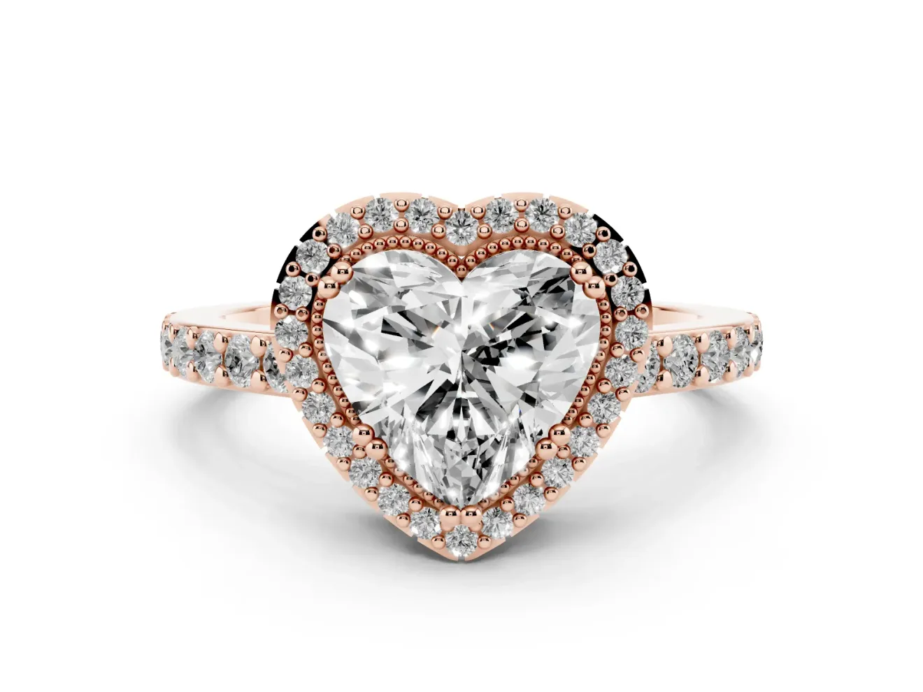 Heart Cut Diamond Halo Engagement Ring Set in Rose gold with Milgrain Detail and Pavé Band