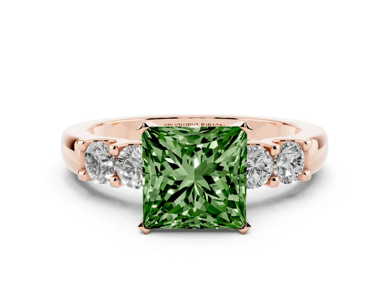 Fancy Green Princess Cut Diamond Five-Stone Prong Set Engagement Ring Set in Rose gold with Channel Band