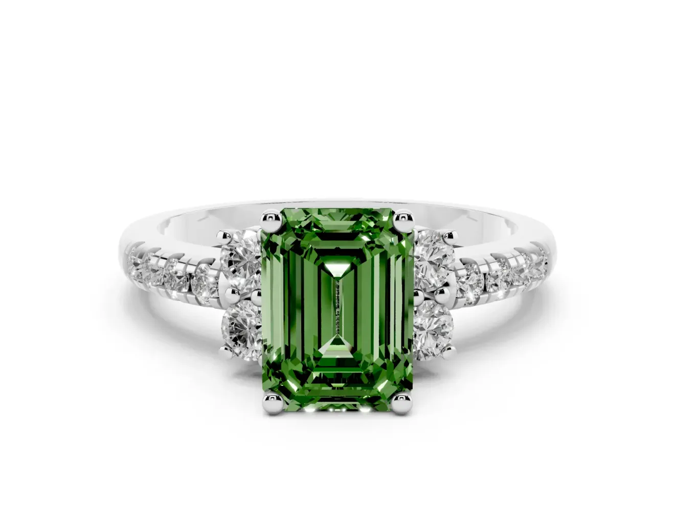 Emerald Cut Side Stone Engagement Ring Setting for a Fancy Green Lab-Grown Diamond | Pave Band | White Gold