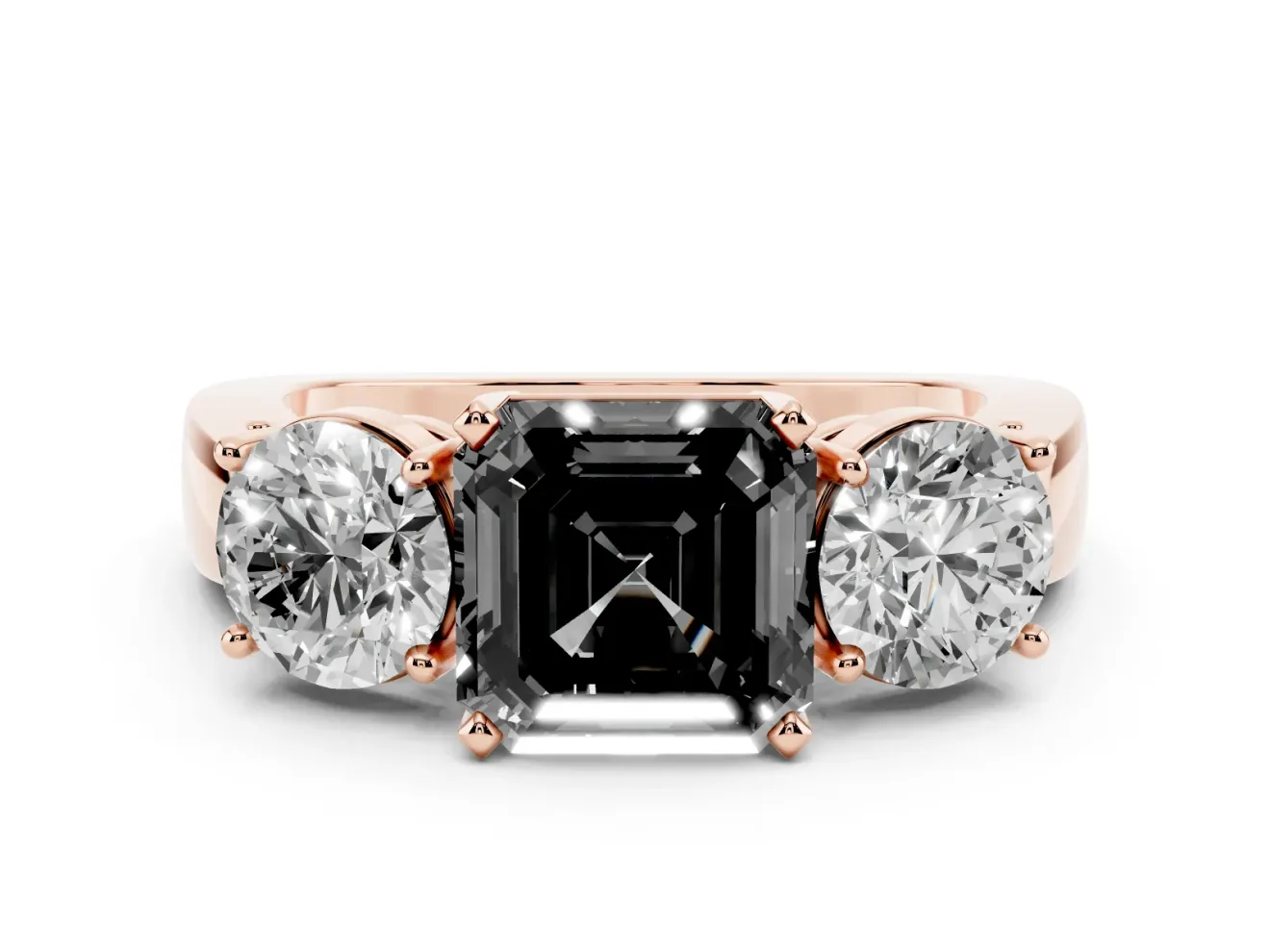 Asscher Cut Three Stone Engagement Ring Setting for a Black Center | Round Side Stones | Rose Gold