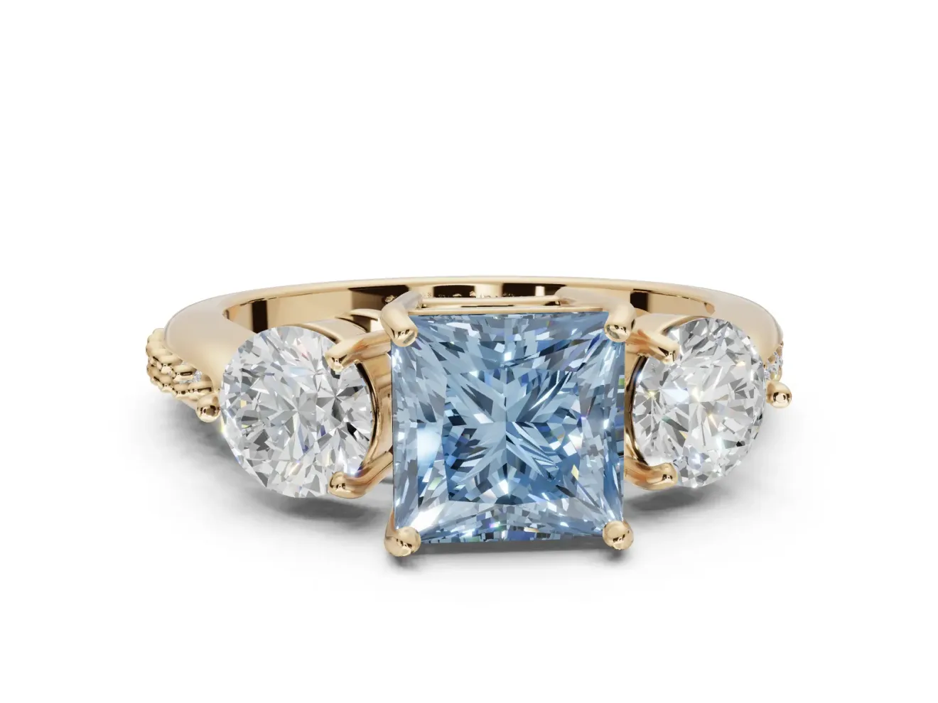 Princess Cut Three Stone Engagement Ring Setting for a Fancy Blue Lab-Grown Diamond | Tapered Pave Band | Yellow Gold
