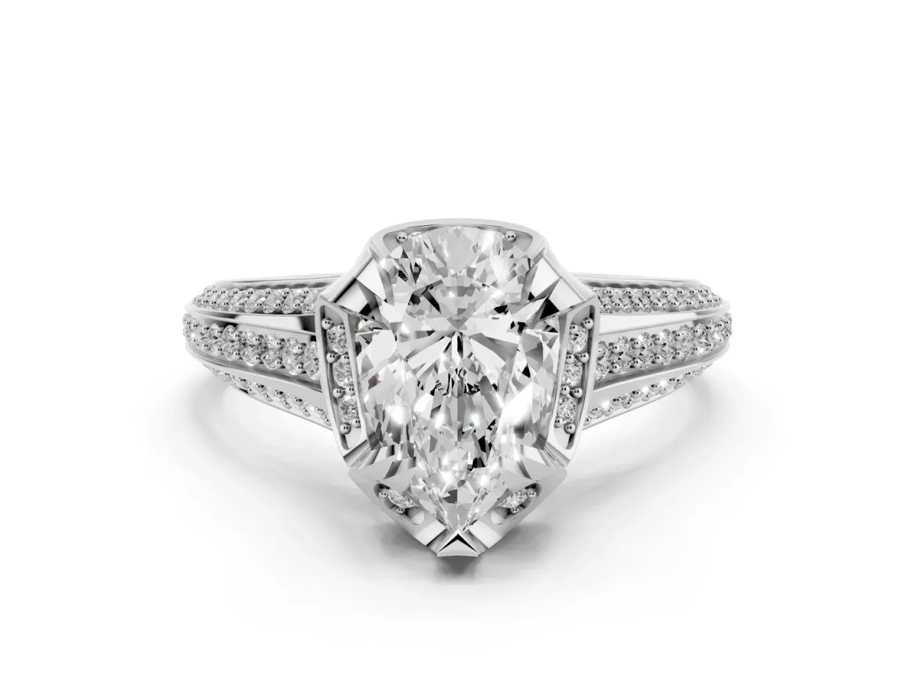 Pear Cut Diamond Pavé Split Shank Solitaire Ring Set in Platinum with Prong Setting