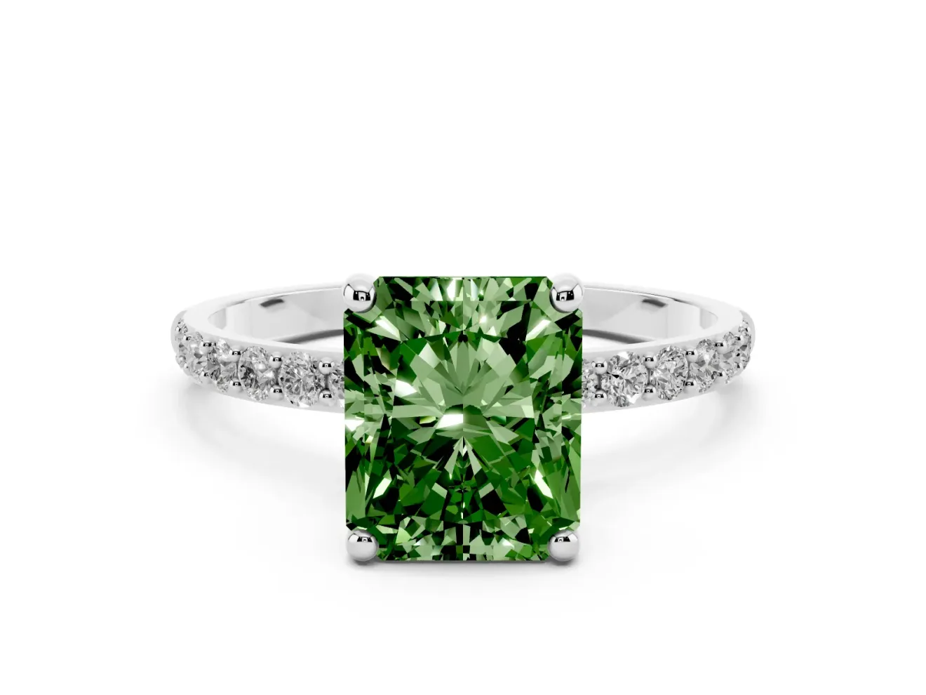 Fancy Green Radiant Cut Diamond Solitaire Ring Set in Silver with Round Pavé Band and Prong Setting