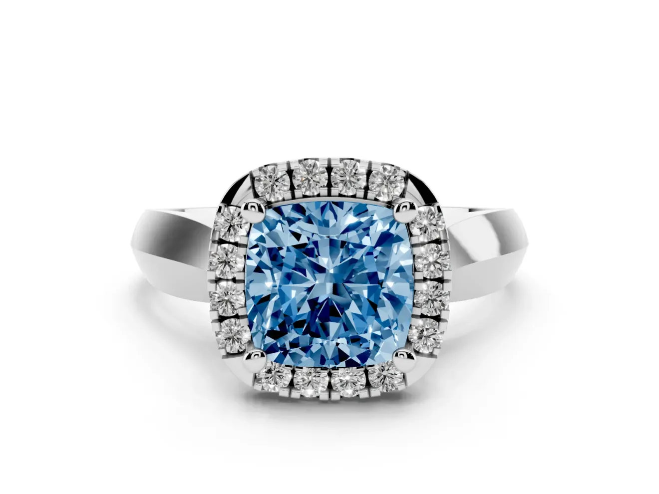 Cushion Cut Halo Engagement Ring Setting for a Fancy Blue Lab-Grown Diamond | Square Profile Band | White Gold