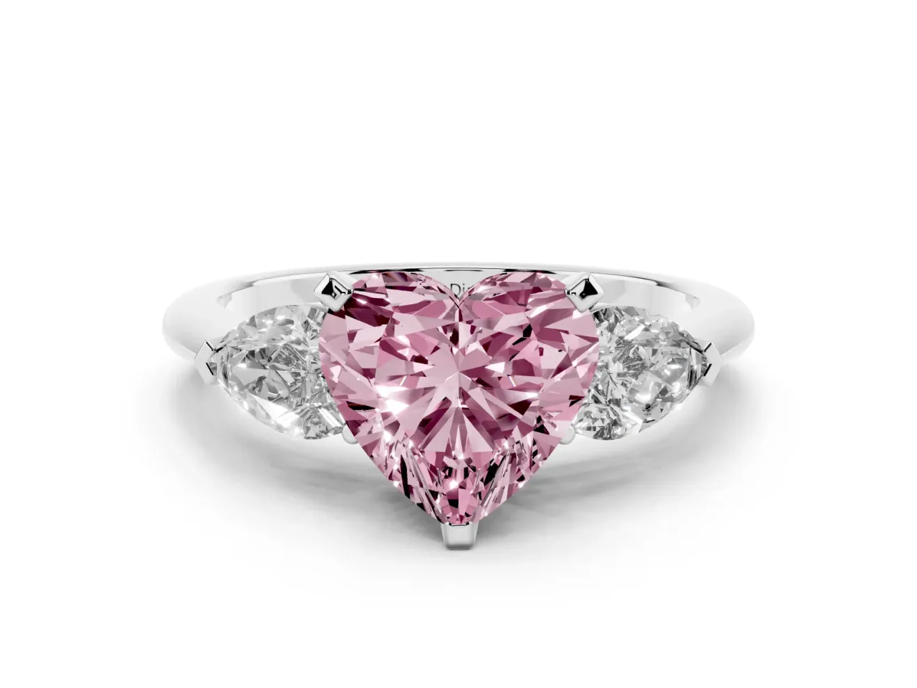 Heart-Shaped Three-Stone Engagement Ring Setting for a Fancy Pink Lab-Grown Diamond | Pear Side Stones | Sterling Silver