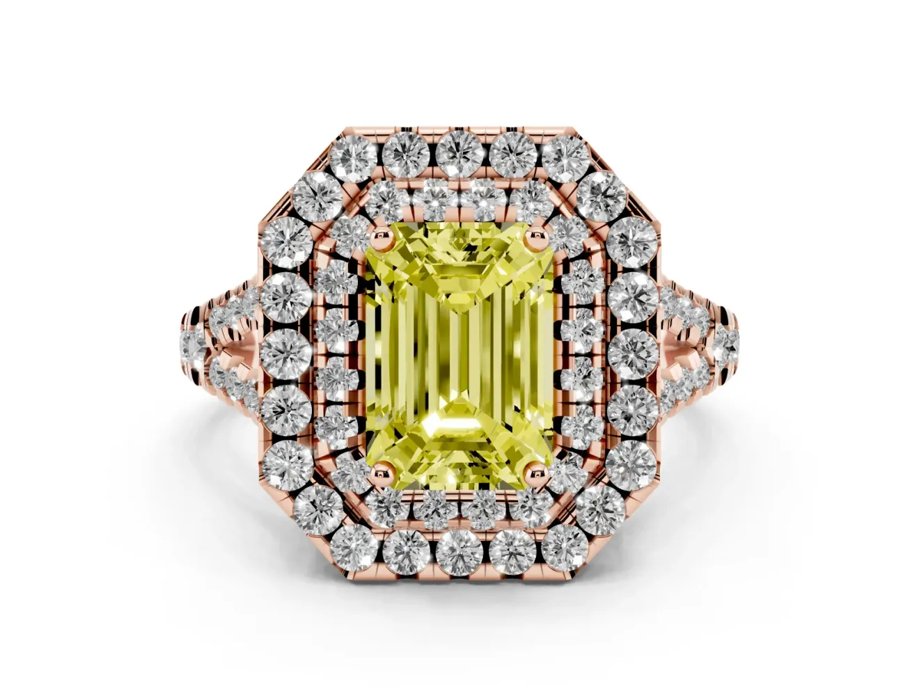 Emerald Cut Halo Split Shank Engagement Ring Setting for a Fancy Yellow Lab-Grown Diamond | Pavé Strands | Rose Gold