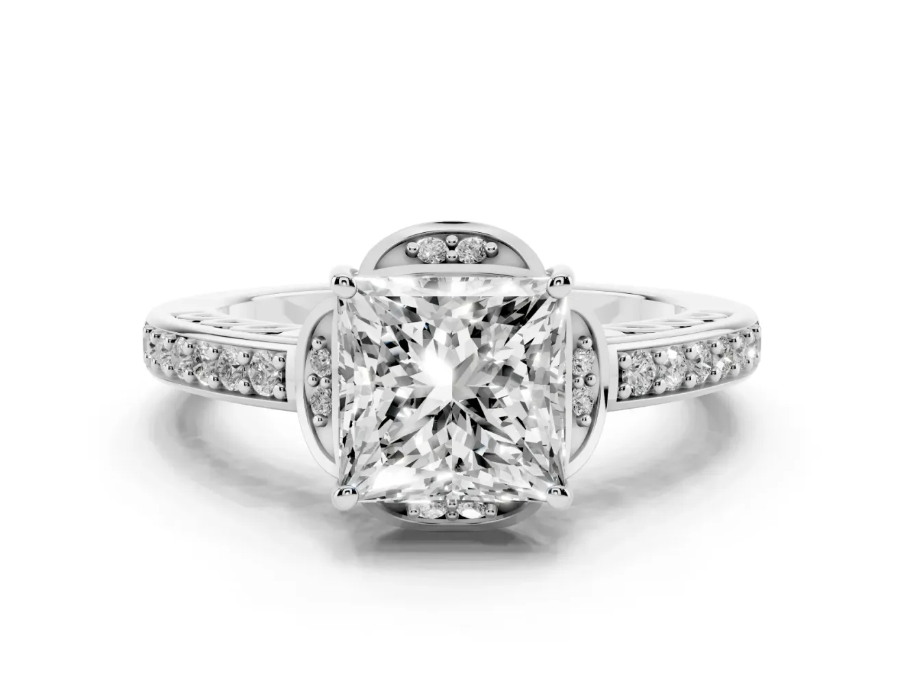 Princess Cut Floral Pavé Engagement Ring Setting | Petal Accents | Platinum