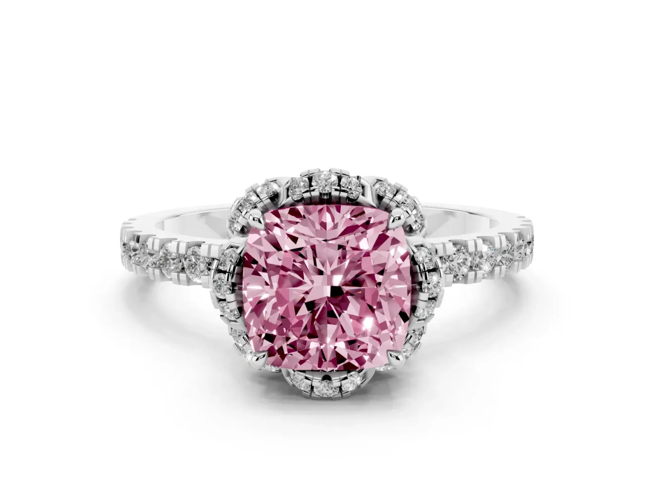 Fancy Pink Cushion Cut Diamond Halo Pavé Band Ring Set in White gold with Prong-Held Center