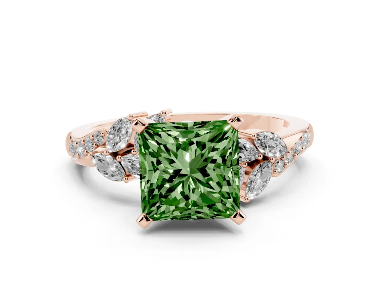 Princess Cut Floral Engagement Ring Setting for a Fancy Green Lab-Grown Diamond | Marquise Side Stones | Rose Gold