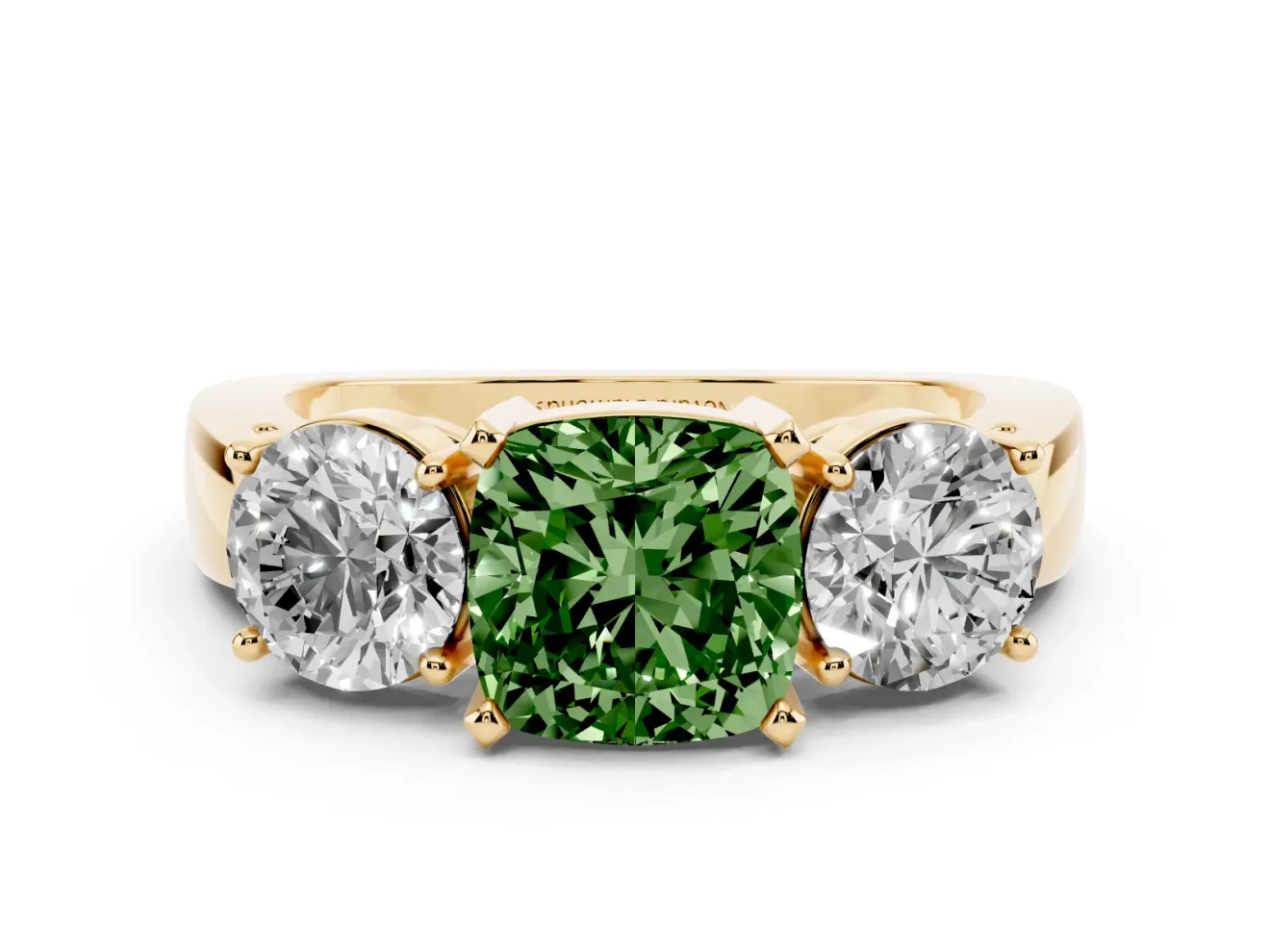 Cushion Cut Three Stone Engagement Ring Setting for a Fancy Green Lab-Grown Diamond | Wide Plain Band | Yellow Gold