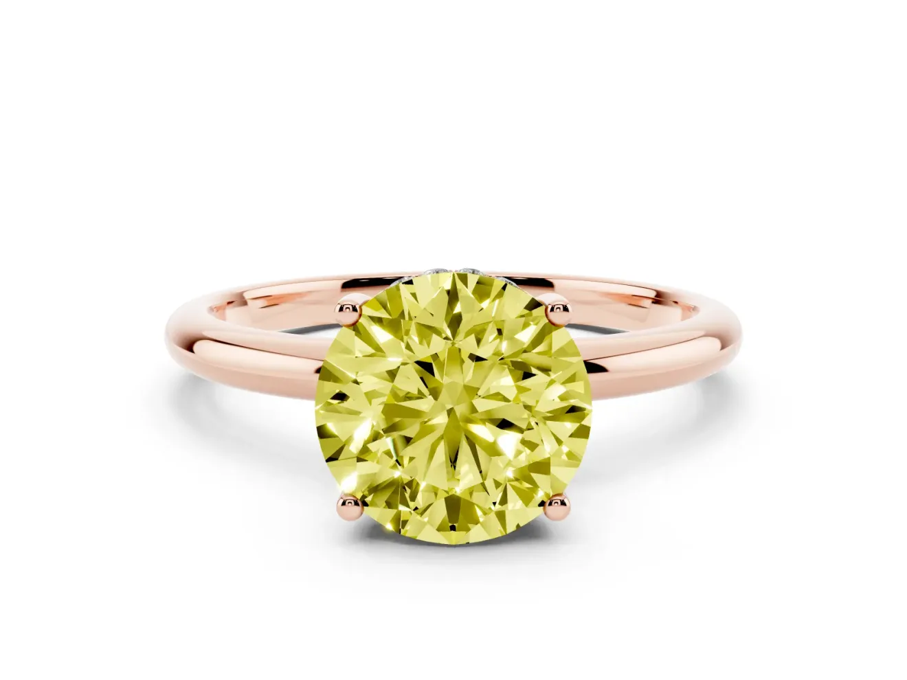 Fancy Yellow Round Cut Diamond Solitaire Engagement Ring Set in Rose gold with Prong Setting and Polished Band