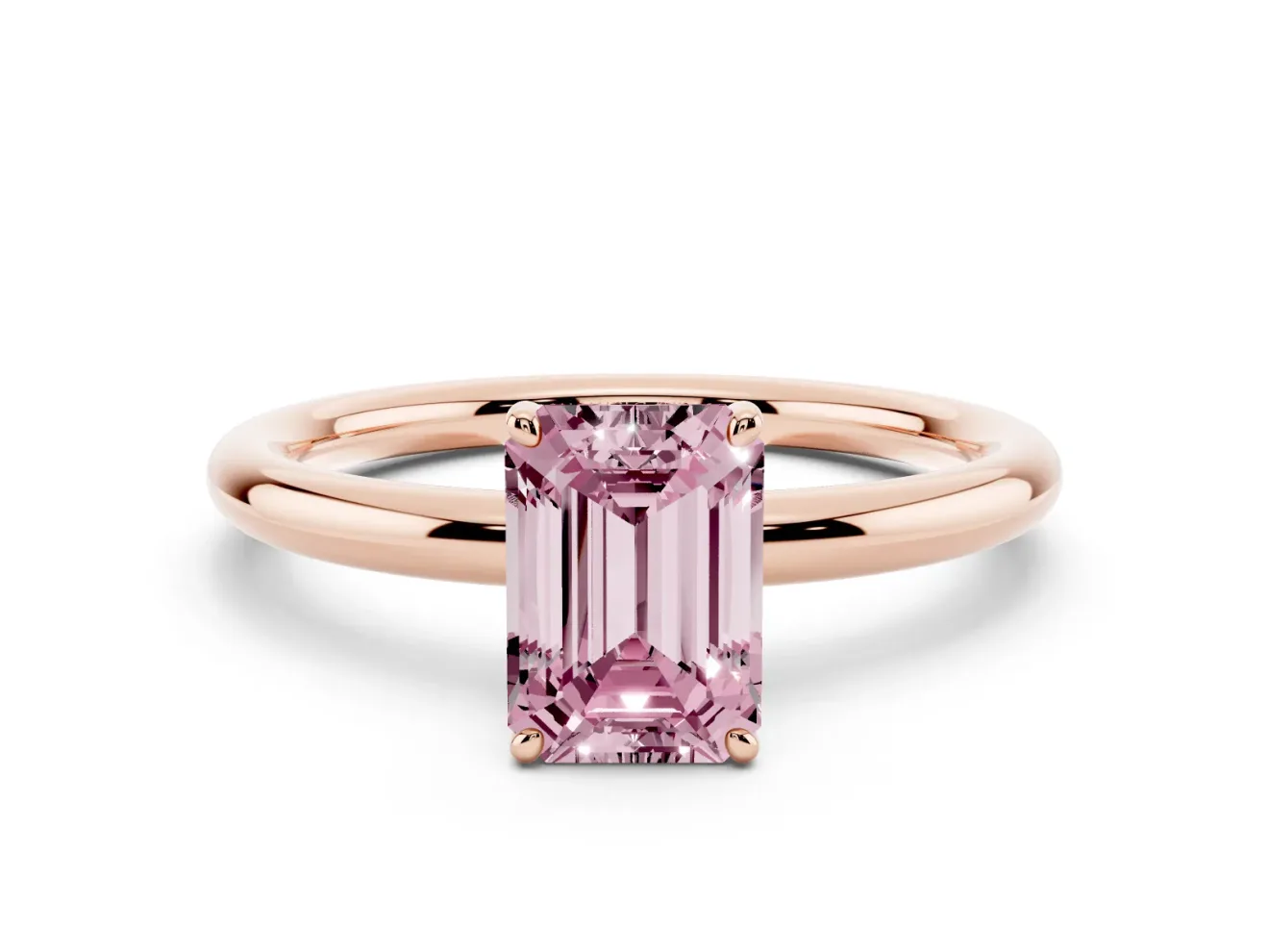 Fancy Pink Emerald Cut Diamond Solitaire Ring Set in Rose gold with Prong Setting on a Polished Plain Band