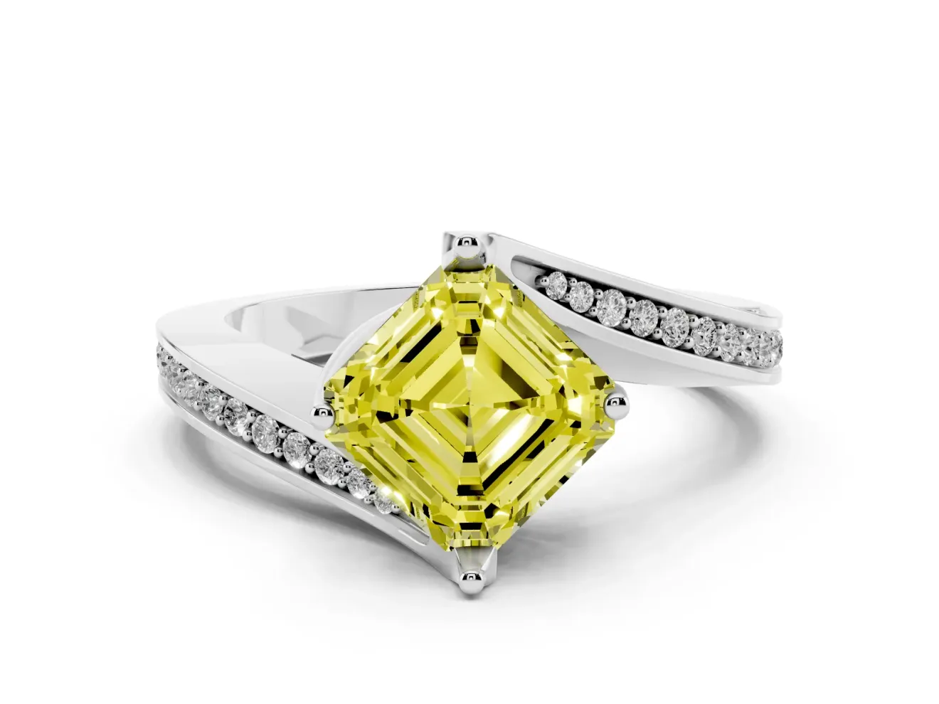 Asscher Cut Bypass Pavé Solitaire Engagement Ring Setting for a Fancy Yellow Lab-Grown Diamond | Angled Head | Platinum