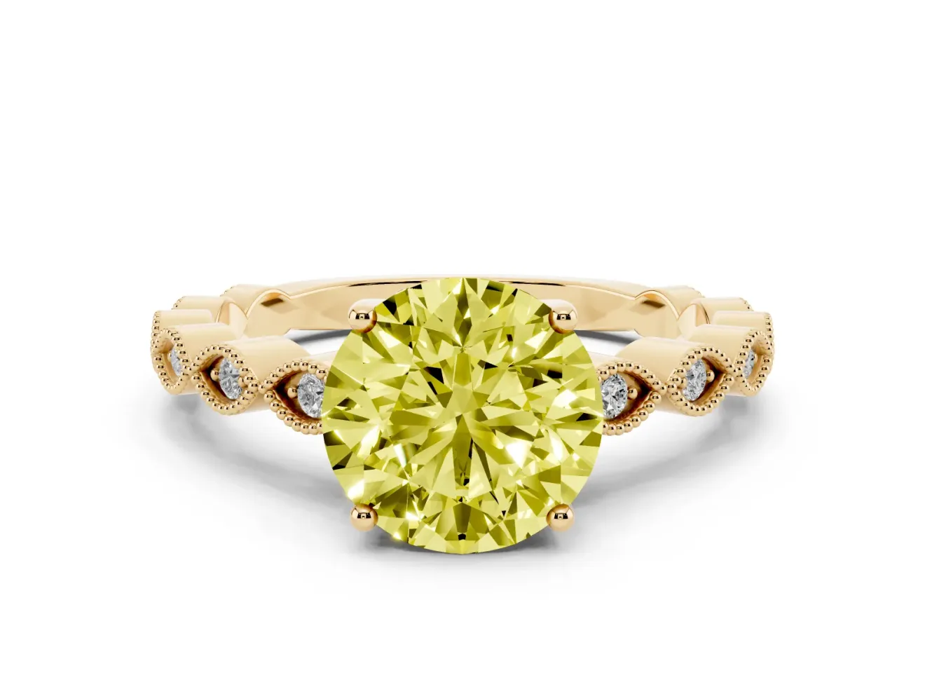Fancy Yellow Round Cut Diamond Solitaire Ring Set in Yellow gold with Infinity Twist Pavé Band