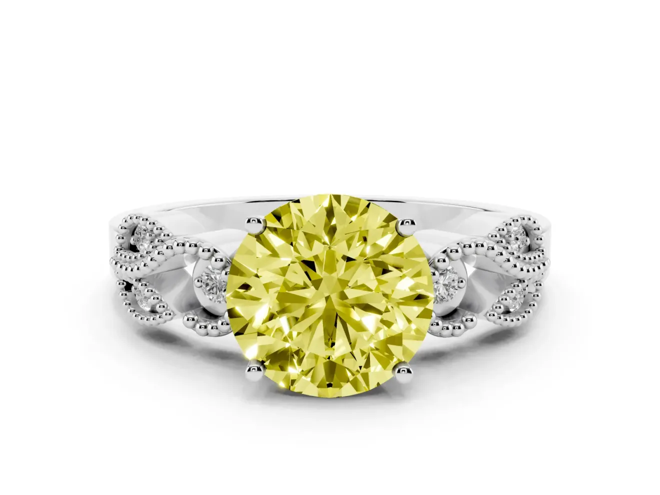 Fancy Yellow Round Cut Diamond Milgrain Leaf Band Solitaire Ring Set in Silver with Accent Stones and Prong Setting