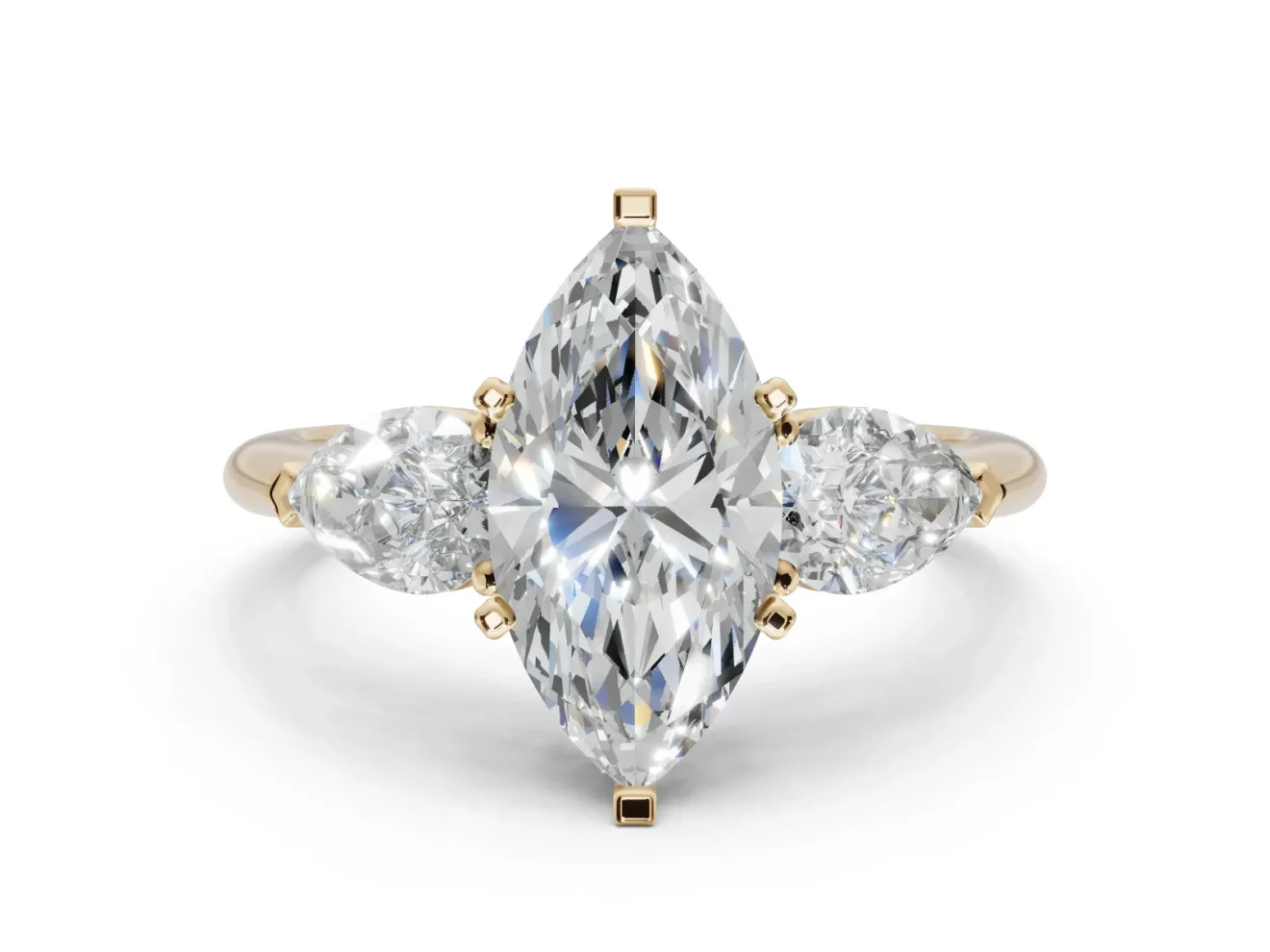Marquise Three-Stone Engagement Ring Setting | Pear Side Stones | Yellow Gold