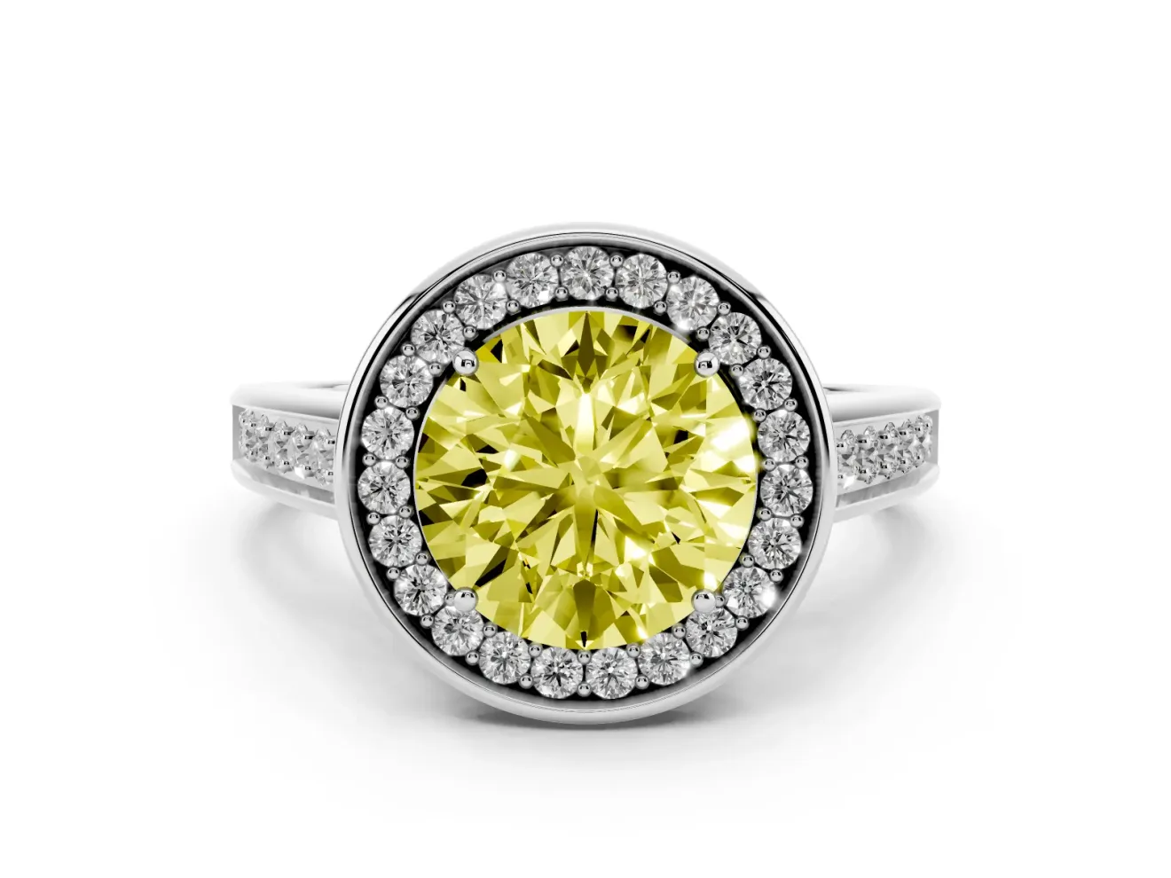 Fancy Yellow Round Cut Diamond Halo Solitaire Ring Set in White gold with Pavé Band and Bezel Setting