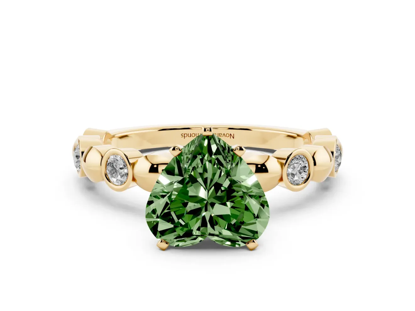 Fancy Green Heart Cut Diamond Solitaire Ring Set in Yellow gold with Bezel-Set Accents on Beaded Band and Prong Setting