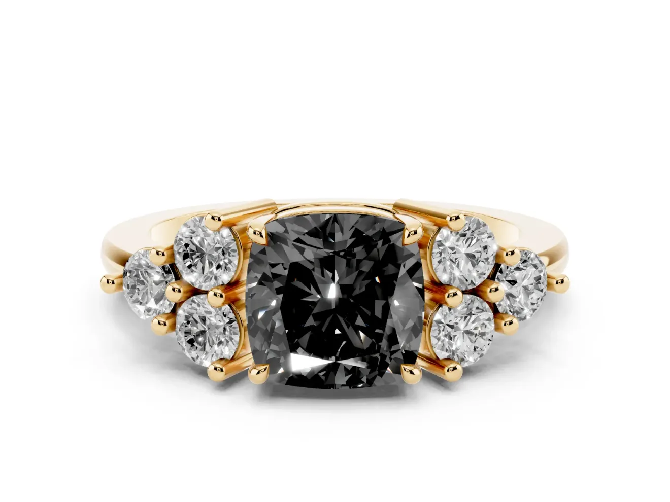 Cushion Cut Cluster Side Stone Engagement Ring Setting for a Black Center | Plain Band | Yellow Gold
