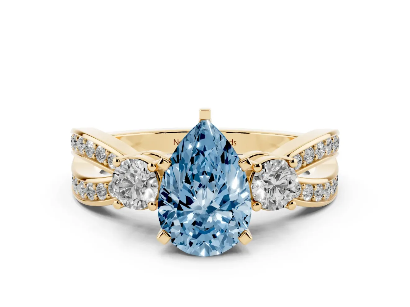 Fancy Blue Three-Stone Pear Cut Diamond Twist Band Ring Set in Yellow gold with Pavé Accents and Prong Setting