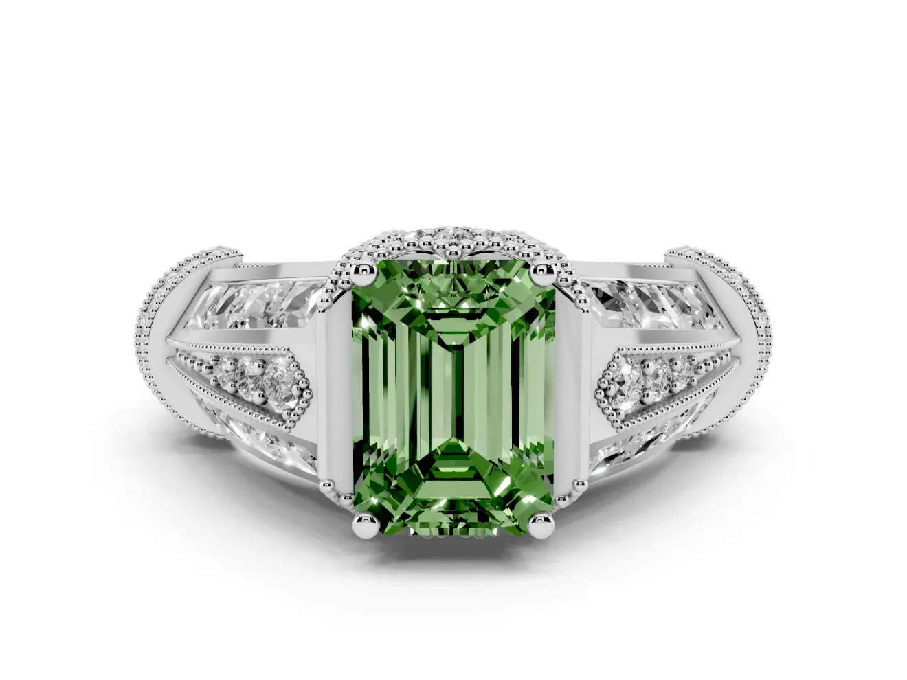 Fancy Green Emerald Cut Diamond Vintage-Inspired Milgrain Ring Set in Platinum with Accent Split Shank