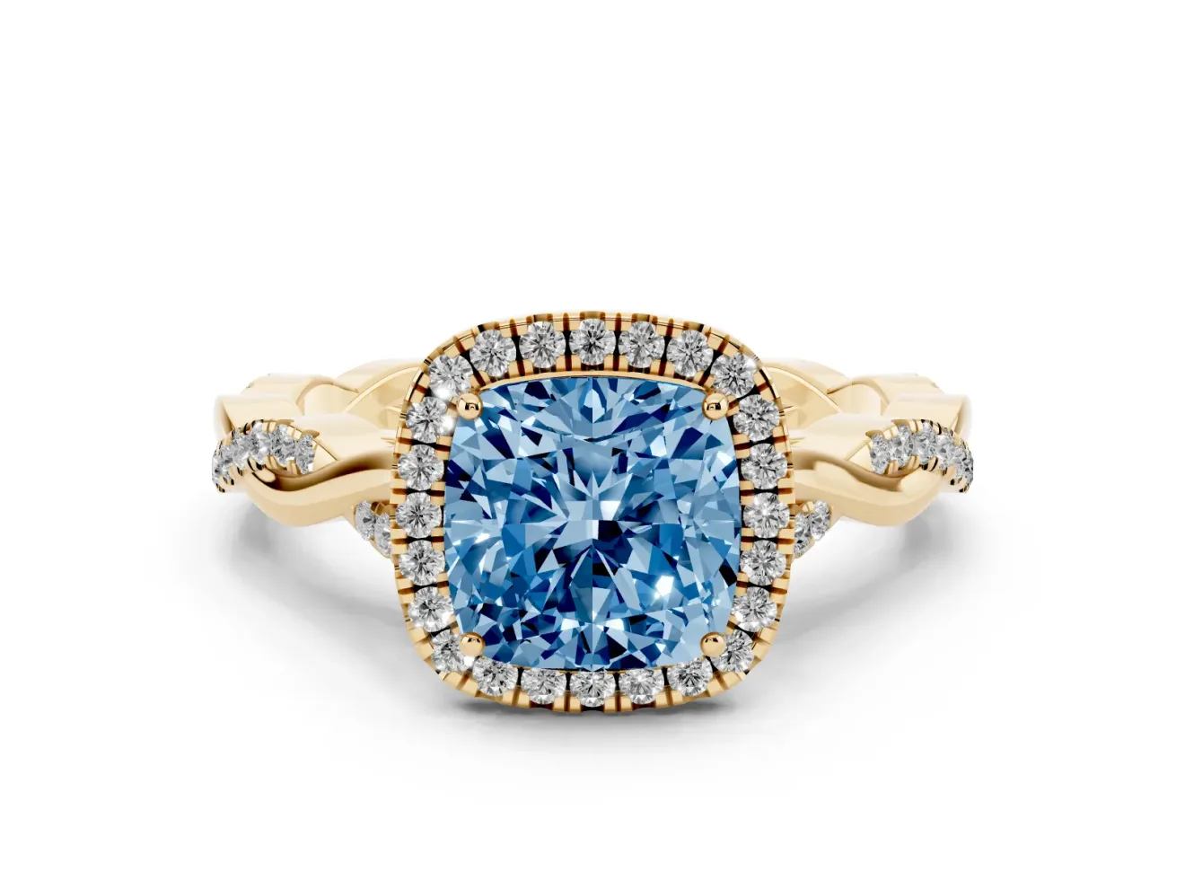 Cushion Cut Twist Halo Engagement Ring Setting for a Fancy Blue Lab-Grown Diamond | Yellow Gold
