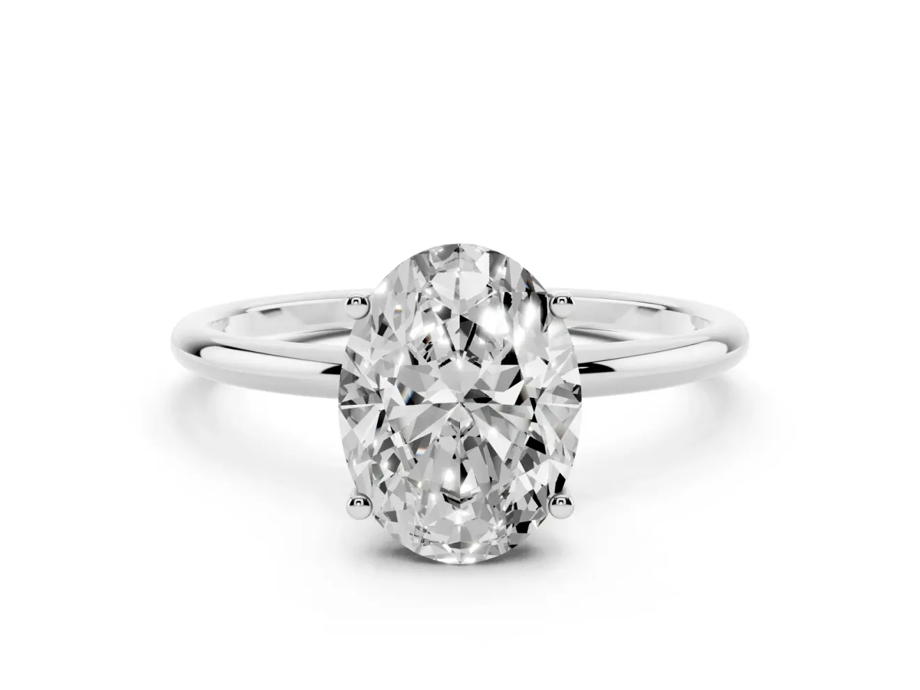 Oval Cut Diamond Solitaire Engagement Ring Set in Platinum with Thin Band and Prong Setting