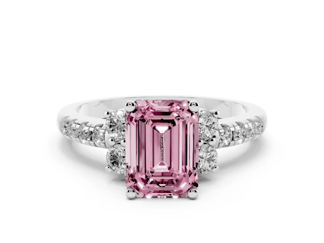 Emerald Cut Side Stone Pave Engagement Ring Setting for a Fancy Pink Lab-Grown Diamond | Paired Round Accents | Platinum