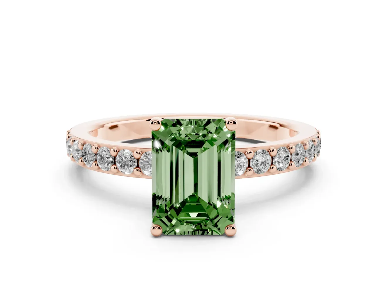 Emerald Cut Pavé Solitaire Engagement Ring Setting for a Fancy Green Lab-Grown Diamond | Single Row Band | Rose Gold