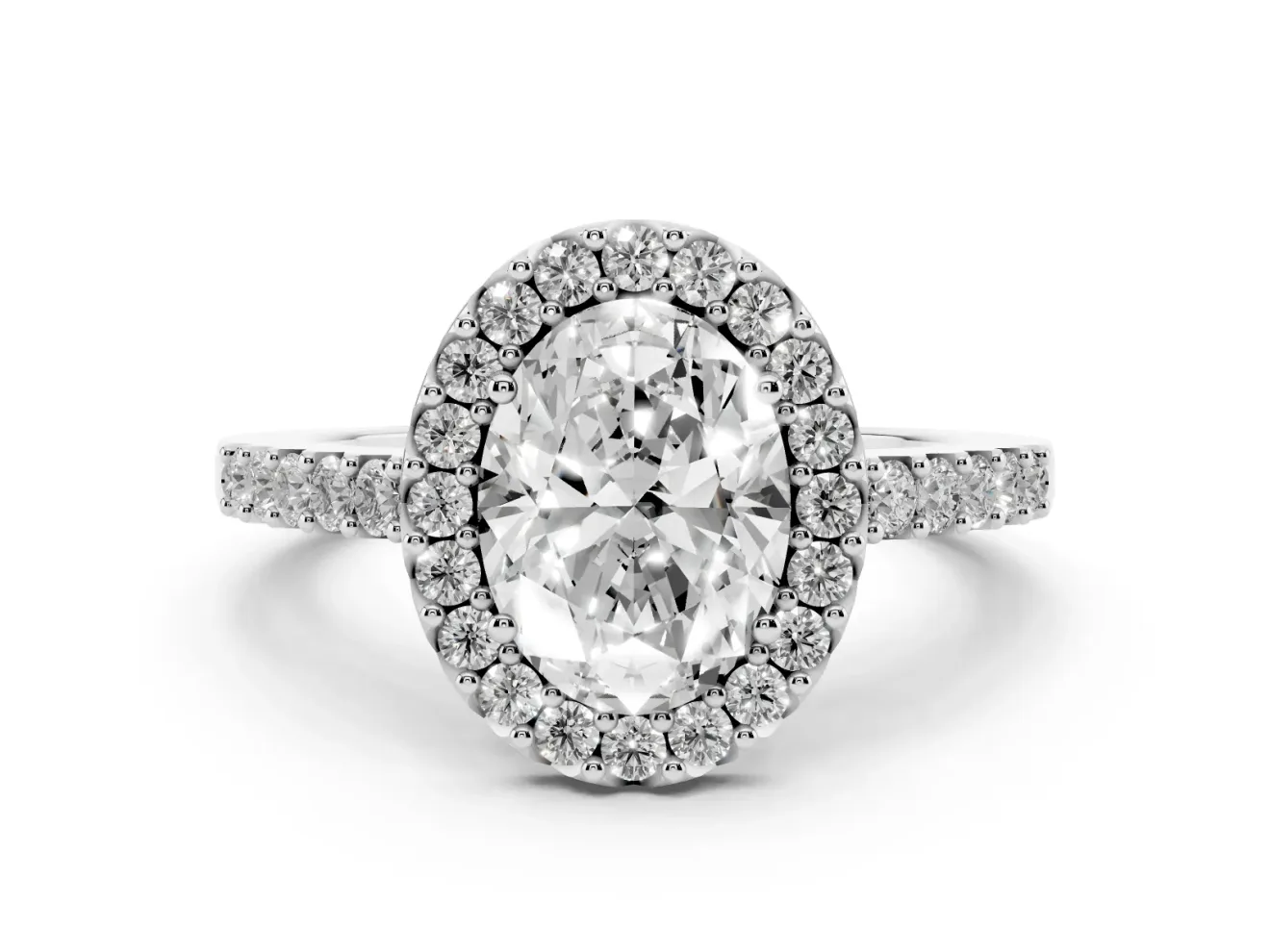 Oval Cut Diamond Halo Pavé Solitaire Ring Set in Silver with Prong-Set Center Stone