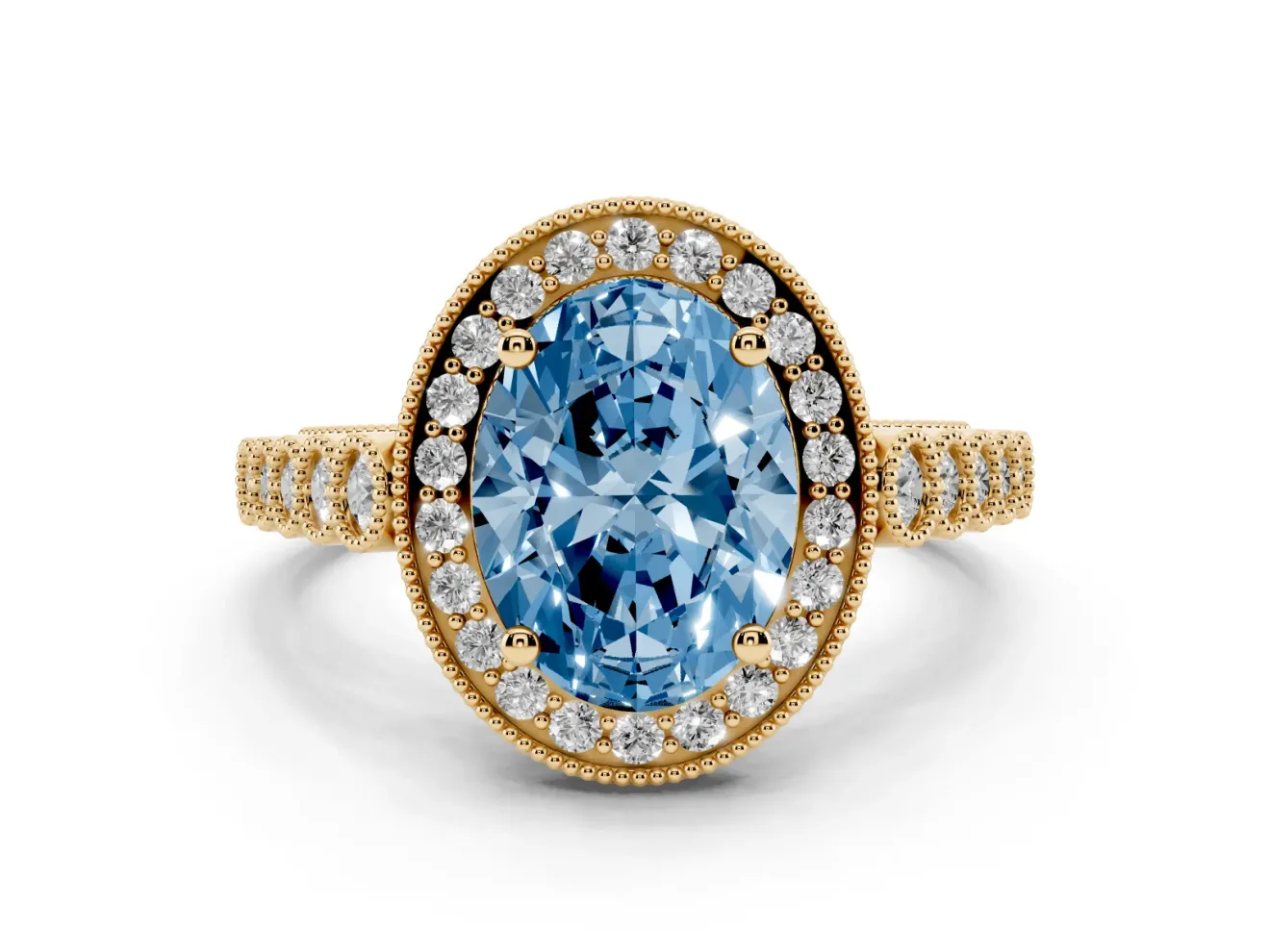 Oval Milgrain Halo Engagement Ring Setting for a Fancy Blue Lab-Grown Diamond | Graduated Bezel Accents | Yellow Gold
