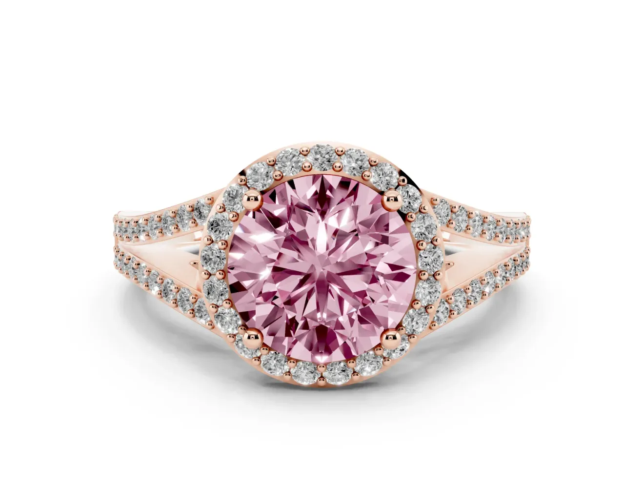 Round Halo Engagement Ring Setting for a Fancy Pink Lab-Grown Diamond | Pave Split Shank | Rose Gold