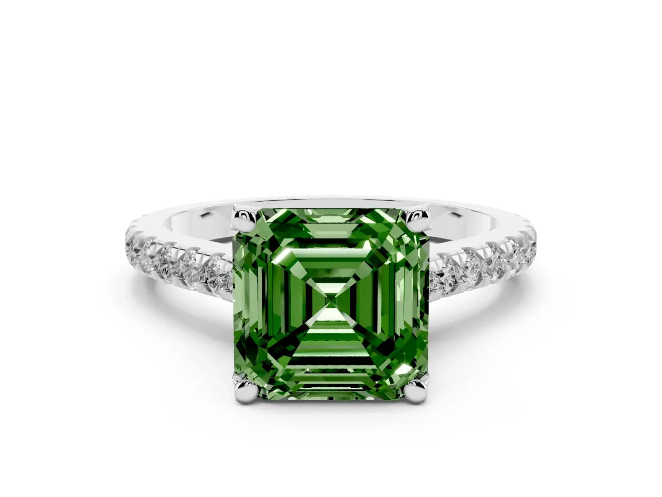 Asscher Cut Hidden Halo Pave Engagement Ring Setting for a Fancy Green Lab-Grown Diamond | Claw Prongs | Sterling Silver