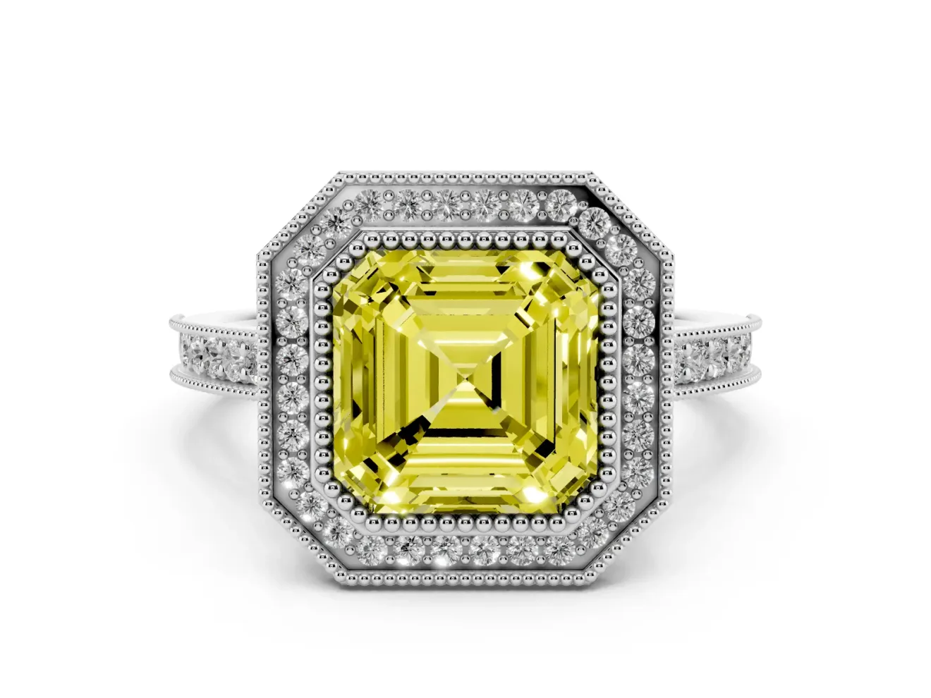 Asscher Cut Vintage Milgrain Halo Engagement Ring Setting for a Fancy Yellow Lab-Grown Diamond | Bezel Head | White Gold