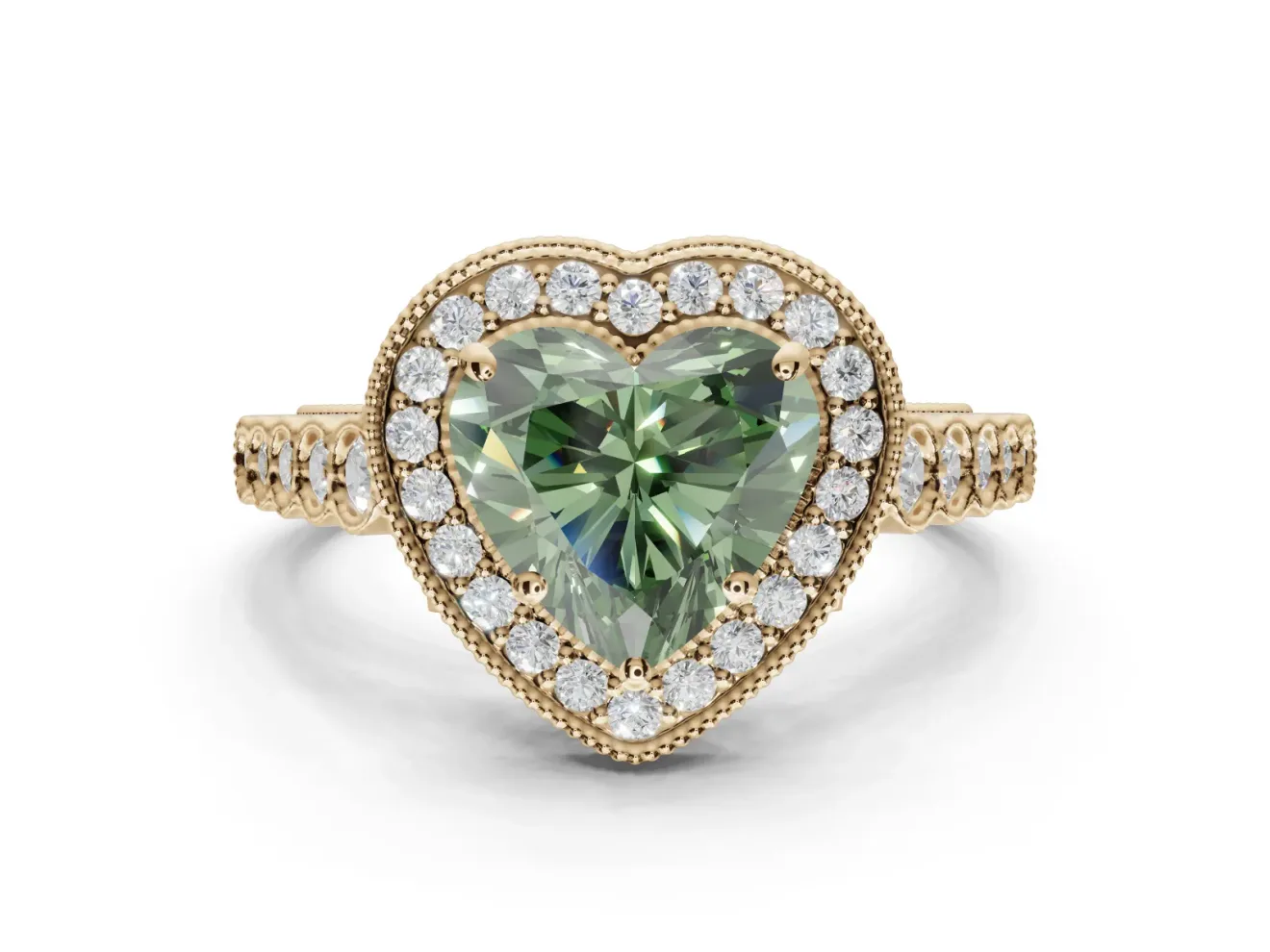 Heart-Shaped Graduated Milgrain Halo Engagement Ring Setting for a Fancy Green Lab-Grown Diamond | Yellow Gold