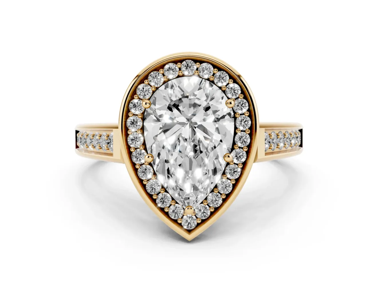 Pear Cut Diamond Halo Solitaire Ring Set in Yellow gold with Pavé Band and Bezel Setting