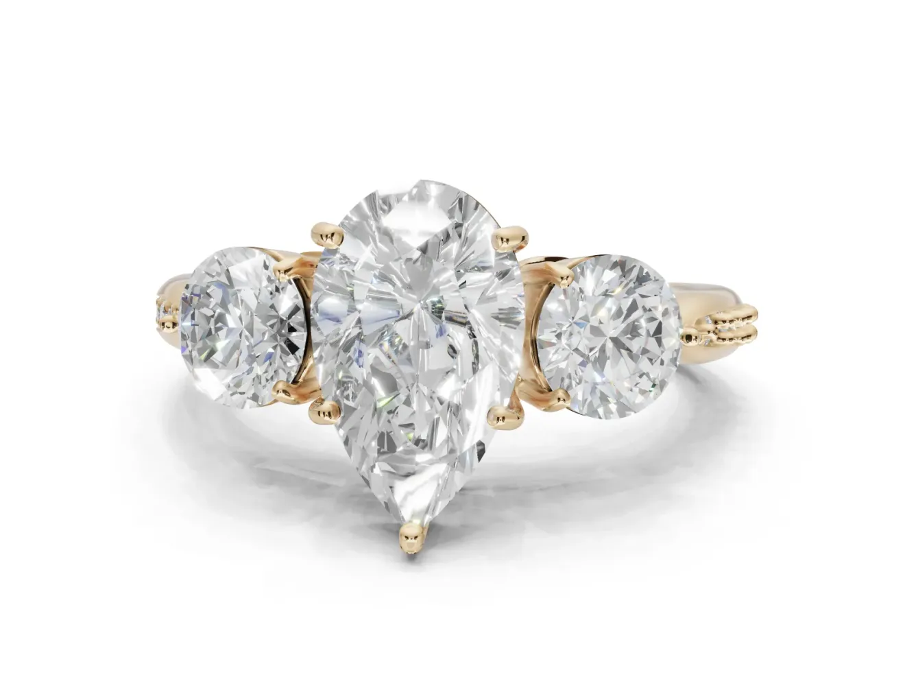 Pear-Shaped Three Stone Engagement Ring Setting | Tapered Pave Band | Yellow Gold