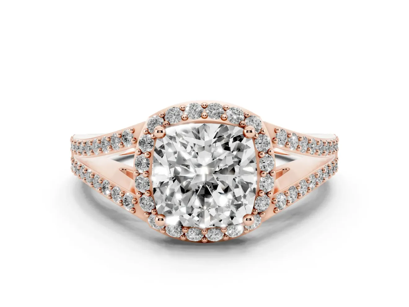 Cushion Cut Halo Engagement Ring Setting | V-Split Pavé Band | Rose Gold