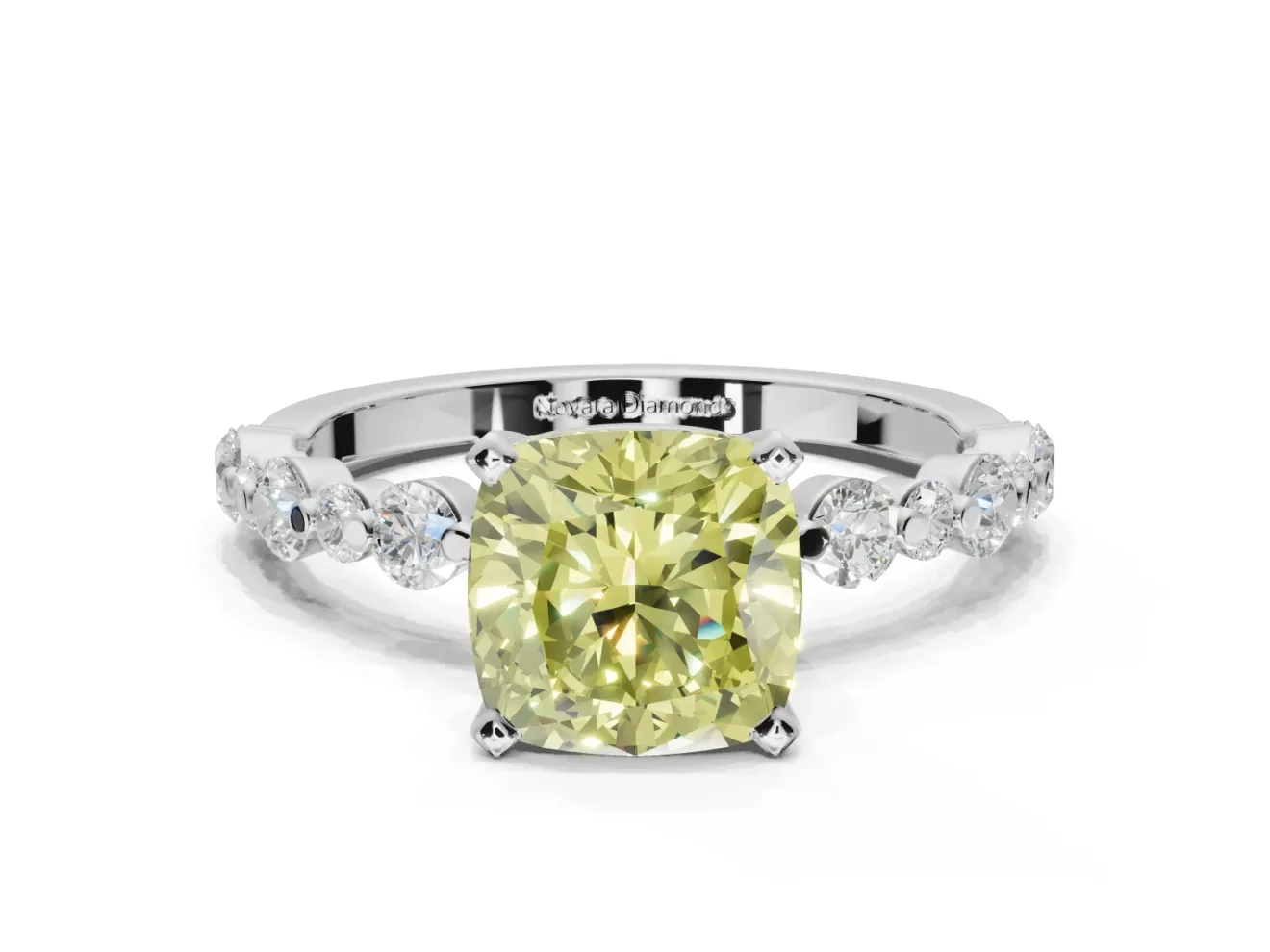 Cushion Cut Pavé Solitaire Engagement Ring Setting for a Fancy Yellow Lab-Grown Diamond | Alternating Accents | Platinum