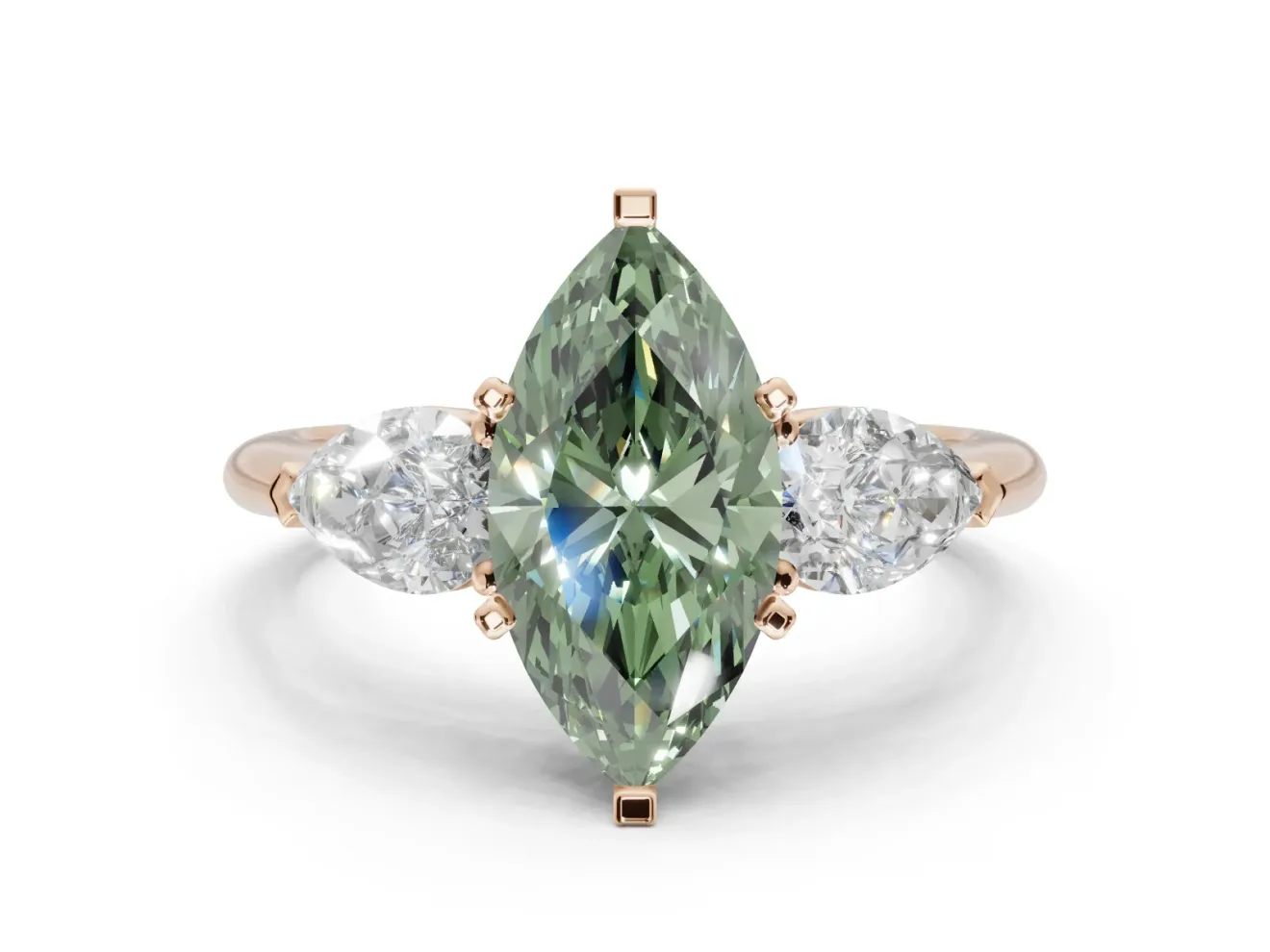 Marquise Three-Stone Ring Setting for a Fancy Green Lab-Grown Diamond | Pear Side Stones | Rose Gold