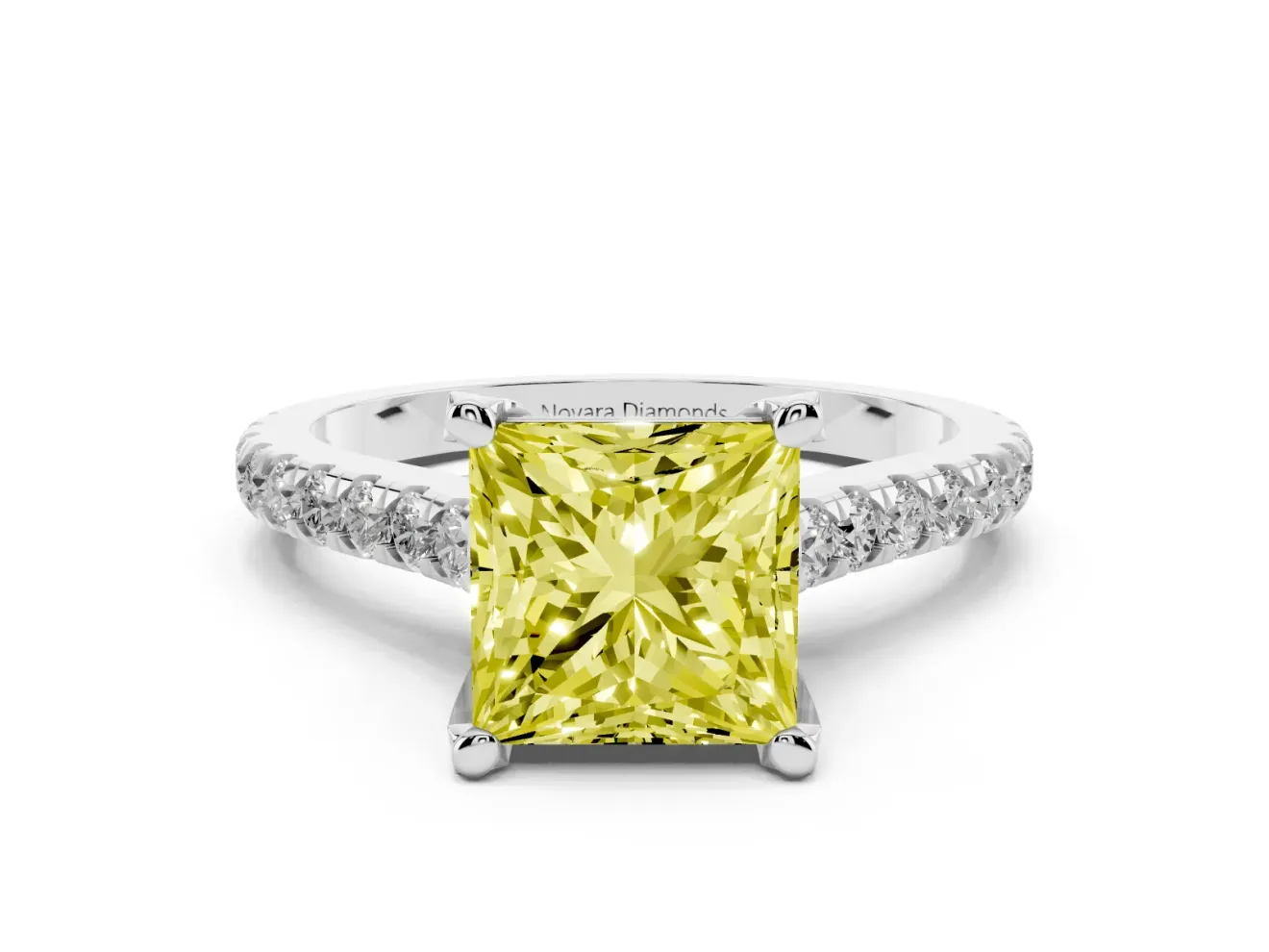 Princess Cut Hidden Halo Pave Engagement Ring Setting for a Fancy Yellow Lab-Grown Diamond | Claw Prongs | White Gold