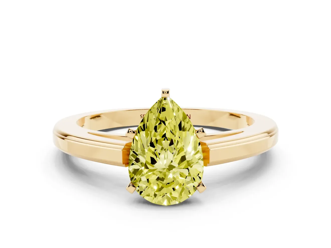 Fancy Yellow Pear Cut Diamond Solitaire Ring Set in Yellow gold with Prong Setting and Classic Band
