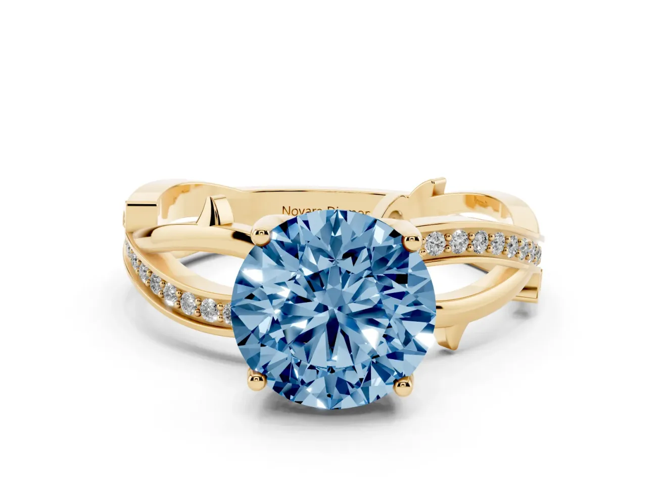 Fancy Blue Round Cut Diamond Pavé Twist Band Solitaire Ring Set in Yellow gold with Prong Setting