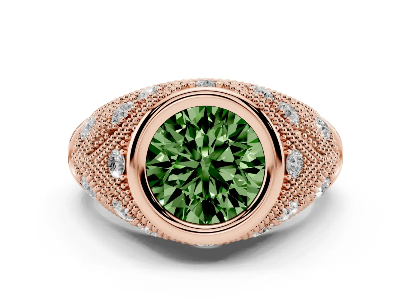 Fancy Green Round Cut Diamond Bezel Ring Set in Rose gold with Milgrain Accent Band